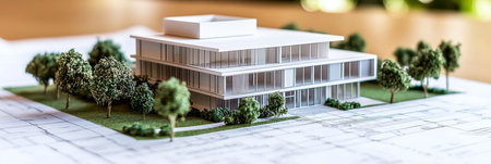 Modern Office Building Blueprint with Miniature Model Architectural Design and Planning Concept.の素材