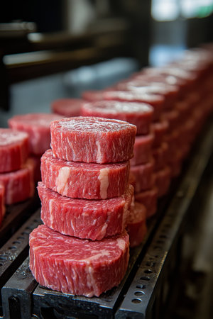 Raw Steaks in a Row Seasoned and Ready for Grilling, Showcasing Visible Fat Marblingの素材