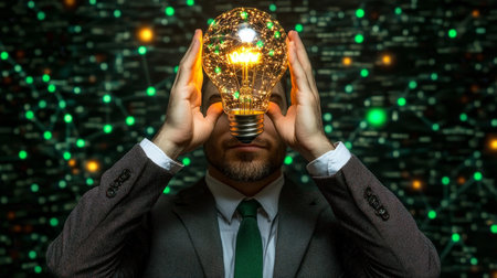 Business Innovation Man With Light Bulb Symbolizing Ideas and Solutions in Digital Marketの素材