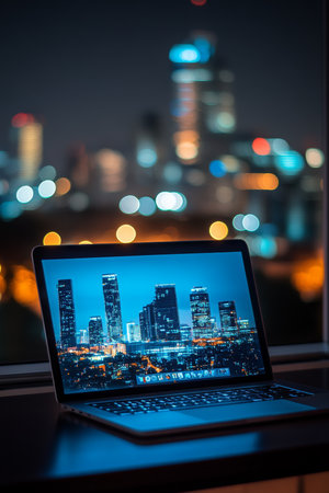Open Laptop on Table with Cityscape Background, Night City Lights, Remote Work Conceptの素材