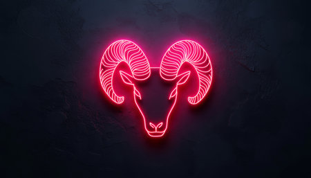 Neon Aries Ram Sign on a Textured Dark Background Vibrant, Glowing Illustration of Astrologyの素材