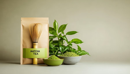 Organic Green Matcha Tea Ceremony Set with Bamboo Whisk and Powder on Beige Backgroundの素材