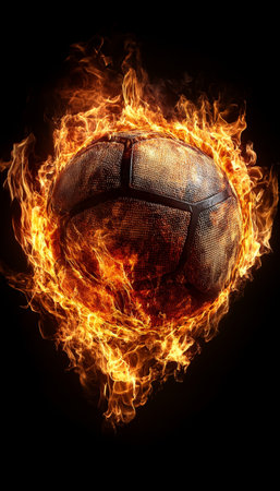 Burning Volleyball A Textured Volleyball Engulfed in Fiery Flames Against a Black Backgroundの素材