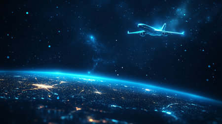 Futuristic Air Travel and Global Connectivity Airplane Soaring Above Illuminated Earth at Nightの素材