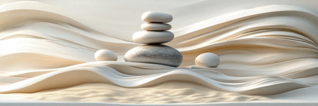 Zen Stone Stack on Abstract Sand Waves Minimalist Balance and Harmony in a Serene Sandscapeの素材