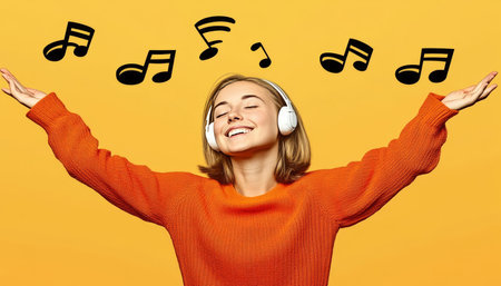 Happy Woman, Headphones, Orange Background, Music Lover, Wireless Technology, Audio Entertainmentの素材