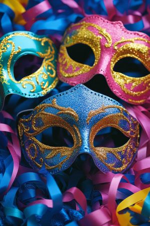 Vibrant Carnival Celebration Colorful Mardi Gras Masks Layered on Festive Streamers Backgroundの素材