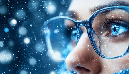 Close Up of Womans Face with Glasses and a Magical, Sparkling Blue Bokeh Effect for Winterの素材