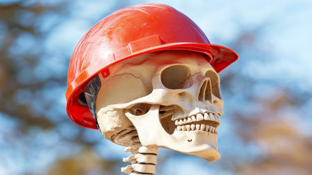 Skeletal Construction Worker in Red Hard Helmet Symbol of Safety, Danger, and Occupational Hazardsの素材