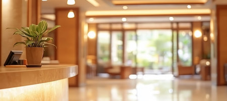 Blurred Luxurious Hotel Lobby Interior with Warm Lighting and Defocused Background, Elegant Designの素材