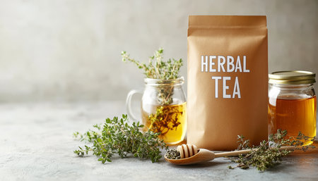 Herbal Tea Blend Ingredients Kraft Paper Pouch, Honey, and Fresh Herbs on a Gray Backgroundの素材