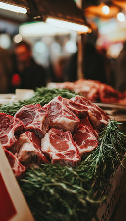 Fresh, Raw Meat Cuts on Display Prime Cuts of Beef with Sprigs of Rosemary at a Butcher Shopの素材