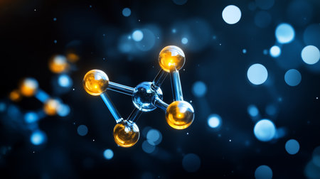 Molecular Structure, Digital Art. Abstract Background with Bokeh Lights in Orange and Blue Colors.の素材