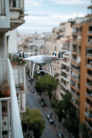 Surveillance Drone Monitoring Urban Property, Ensuring Safety, Security, and Protection.の素材