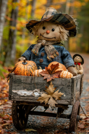 Rustic Charm of Autumn Scarecrow and Pumpkins in a Vintage Wagon on a Leaf-Strewn Pathの素材