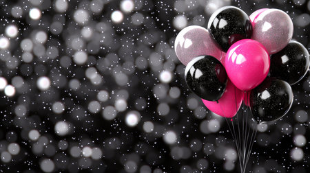 Pink And Black Balloons On Black And White Bokeh Lights Background, Celebration Concept.の素材