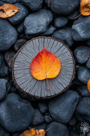 Single Orange And Yellow Autumn Leaf On Tree Stump, Background Of Grey Rocks, Autumnal Moodの素材