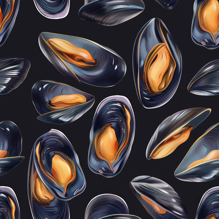 Seamless Pattern Of Photorealistic Mussels On Black Background, Seafood Design Elementの素材