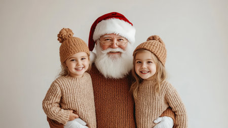 Santa Claus Posing with Two Adorable Little Girls in Knitted Outfits, Christmas Cheer and Joyの素材
