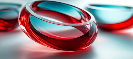Abstract Glass Swirls Vibrant Red and Blue Rings Intertwined in a Transparent Dance of Lightの素材