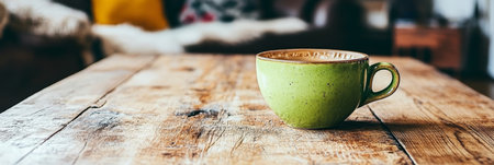 Cozy Home Still Life Green Coffee Cup on Rustic Wooden Table, Blurred Living Room in Backgroundの素材