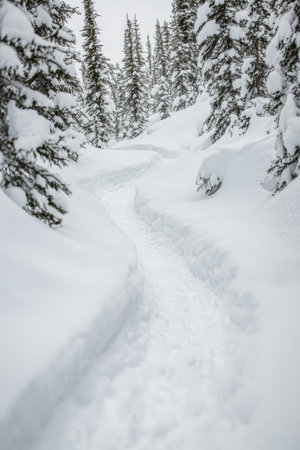 Snowy Forest Path, Winter Wonderland Scene With Snow Covered Trees, Bokeh, And Copy Spaceの素材