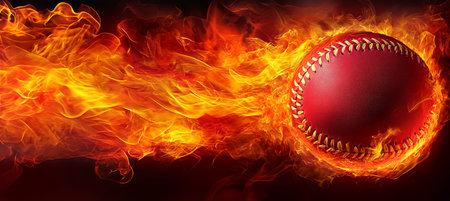 Fiery Softball Close-up Of A Softball Engulfed In Flames, Highlighting Stitching And Vibrant Colorsの素材