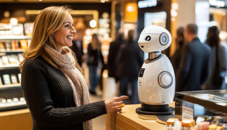 Retail Robot Assistant Woman Interacting With AI In Store, Enhancing Customer Serviceの素材