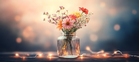 Wildflowers in Glass Vase with Fairy Lights Glowing, Romantic Still Life on a Blurred Backgroundの素材