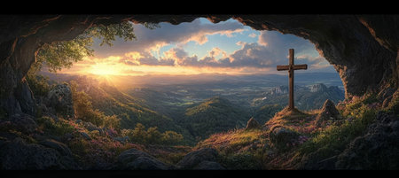 Holy Cross Silhouette at Sunset Majestic Mountain View Inside a Dramatic Cave Entranceの素材