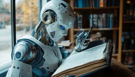 Advanced Humanoid Robot Seamlessly Navigating Technology, Reading in Modern Library Settingの素材