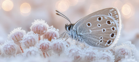 Frosty Butterfly Dreams Tranquil Scene of Tiny Blue Butterfly on Ice-Kissed Flowersの素材