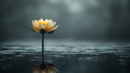 Solitary Yellow Lotus Flower in Tranquil Pond, Serenity, Meditation, Peace, Backgroundの素材