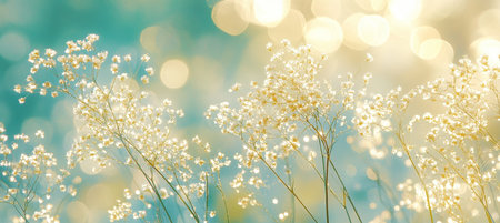 Summer Meadow with Delicate Flowers and Sunny Golden Bokeh from Backlit Warm Rays of Sunshineの素材
