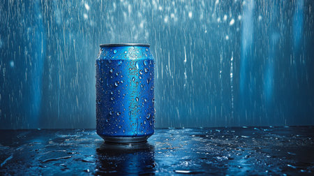 Refreshing Blue Close-Up of a Blank Aluminum Can with Condensation on a Textured Backgroundの素材
