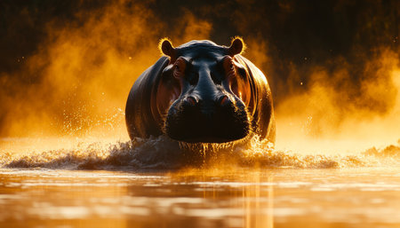 Hippopotamus Emerging from River at Sunrise, Illuminated by Golden Morning Light and Mistの素材