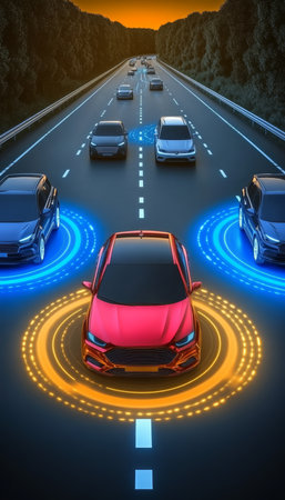 Autonomous Cars on Highway, Vehicular Communication, Advanced Safety, Smart Technologyの素材