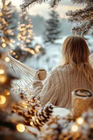 Cozy Winter Retreat Woman Enjoys Hot Drink in Hammock with Festive Decor and Snowy Mountain Viewの素材