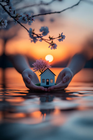 Couples Hands Holding Miniature House with Cherry Tree at Sunset, New Home and Love Conceptの素材