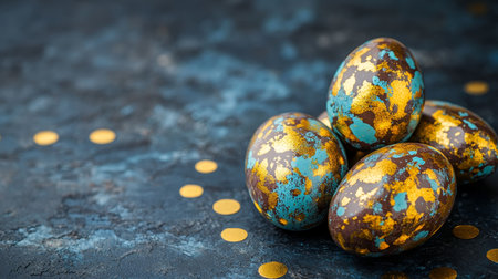 Elegant Easter background. Easter egg decoration, blue paint, and gold foil. Minimal concept.の素材