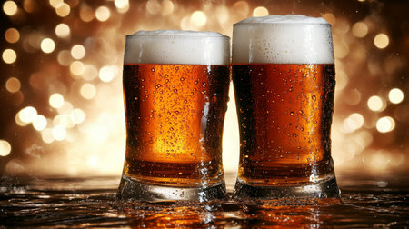 Two Glasses of Cold, Refreshing Beer with Condensation on a Sparkling Gold Backgroundの素材