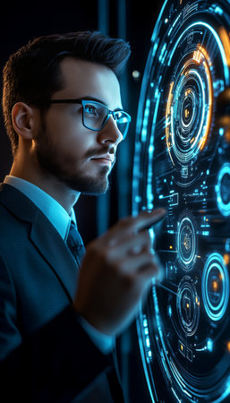 Businessman Analyzing Data on Futuristic Holographic Interface in Dark Office Settingの素材