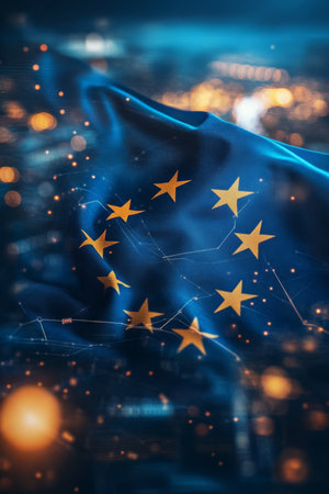 European Union Flag With Technology Background Symbolizing Digital Economy And Financial Marketsの素材