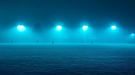 Foggy Football Field, Night, Illuminated, Empty, Atmospheric, Sports, Game Day, Anticipationの素材