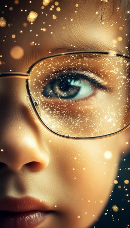 Close Up of Childs Eye Through Stylish Glasses, Bokeh Light Overlay, Magical Atmosphereの素材