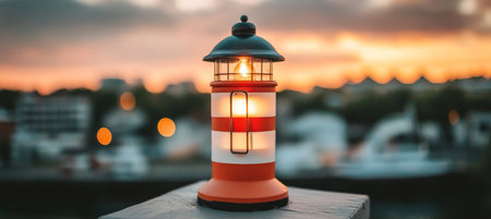 Lighthouse Silhouette Against a Blazing Sunset Evoking Hope, Tranquility, and Coastal Charmの素材