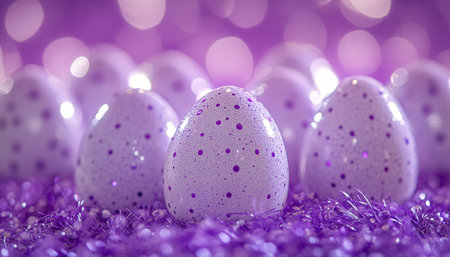 Group of Purple and White Easter Eggs with White Polka Dots on a Sparkling Purple Bokeh Backgroundの素材