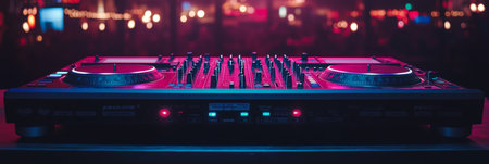 DJ Mixer Radiates Energy Under Vibrant Club Lights, Setting the Mood for a Night of Music.の素材