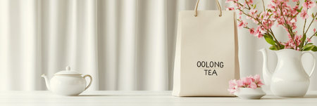 Oolong Tea Pouch, Teapot, and Pink Flowers A Serene Still Life for an Authentic Tea Ritualの素材