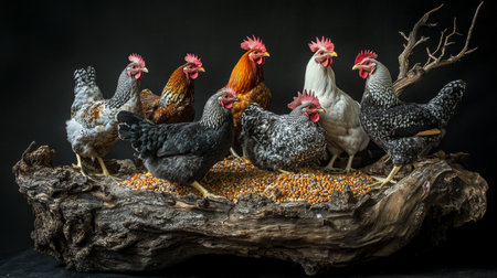 Colorful Flock of Chickens gathers around a Rustic Wooden Feed Dish, Enjoying a Meal of Mixed Grainsの素材